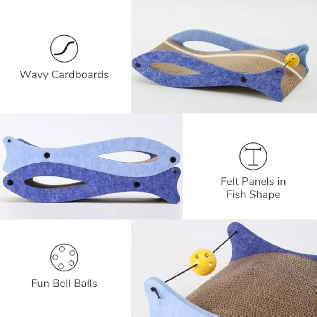 Blue fish-shaped cardboard cat scratcher lounge with bell ball toys for indoor cats.