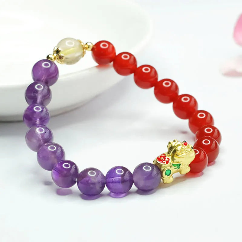 Amethyst and red agate Chinese style bracelet with 8mm beads.