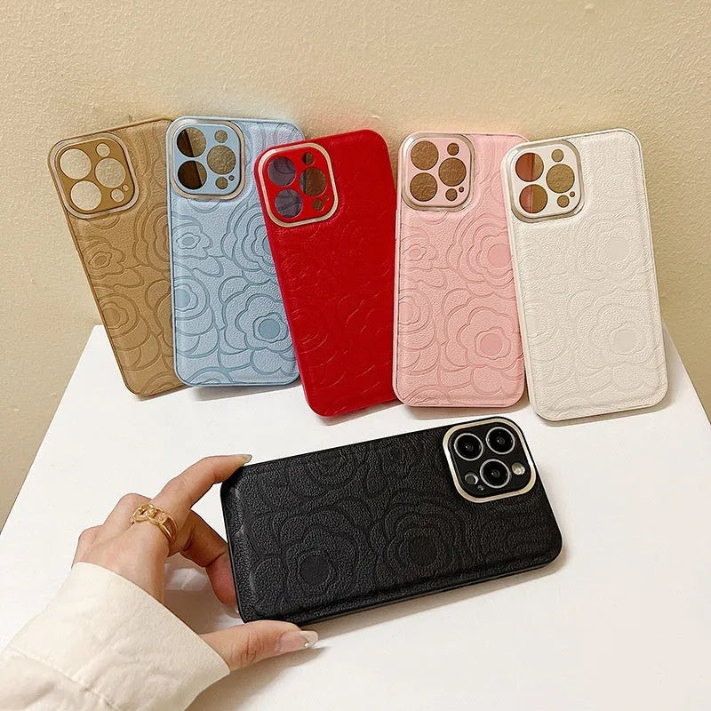 Camellia leather pattern iPhone case with soft edge and hard back, drop-resistant protective shell.