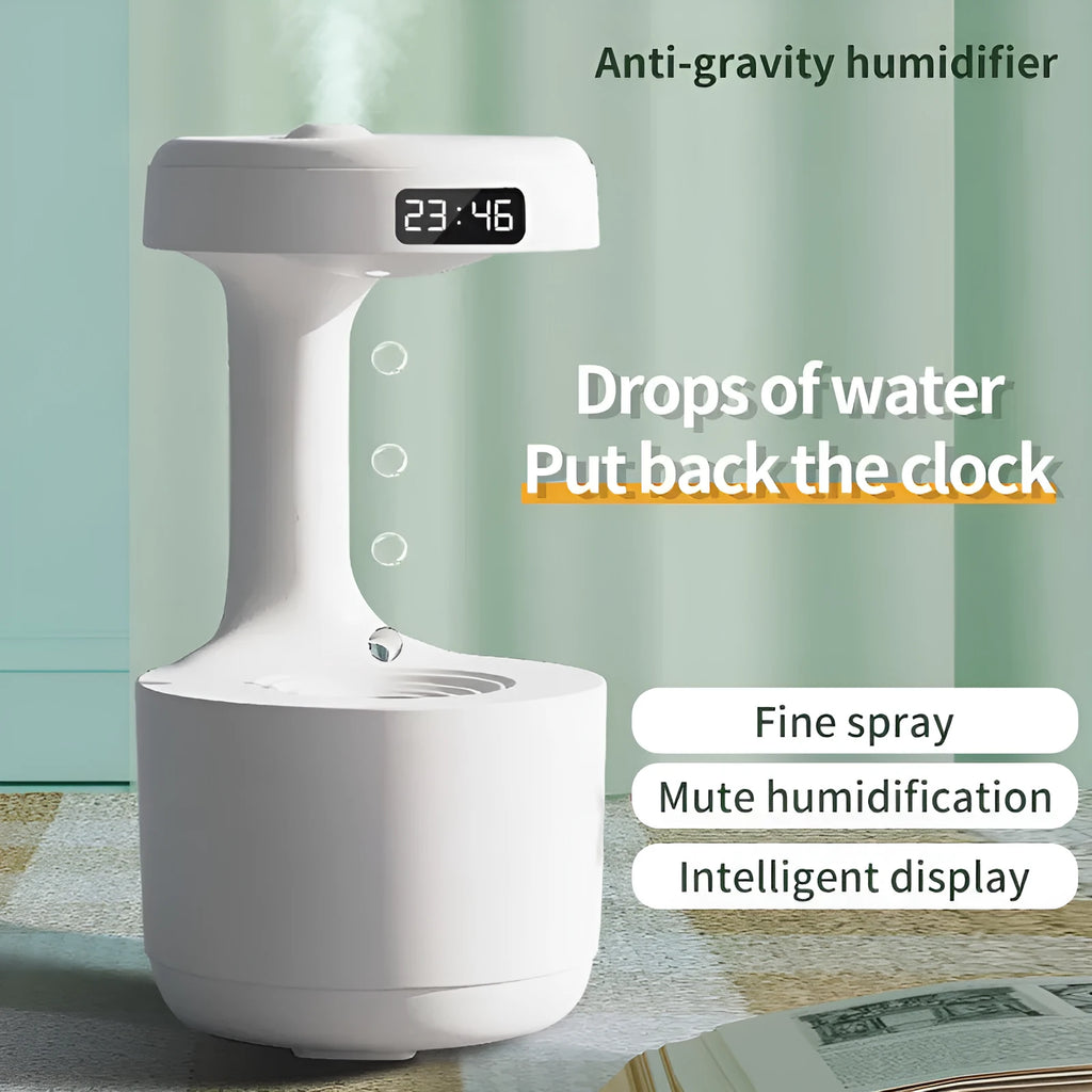 White columnar anti-gravity humidifier with LED clock display and water droplet backflow feature