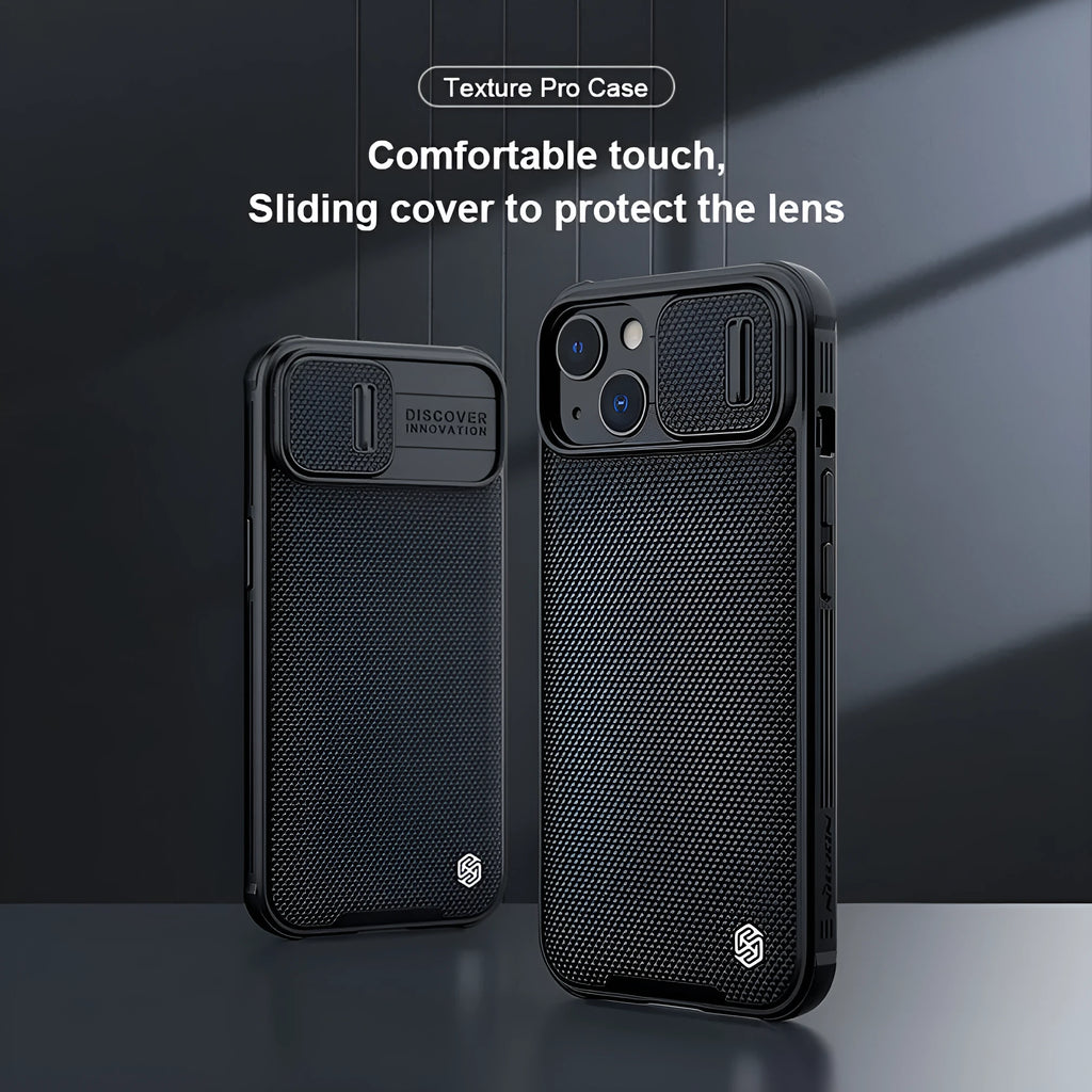 Black textured back cover protective phone case for Apple iPhone 13 Pro Max on a table.