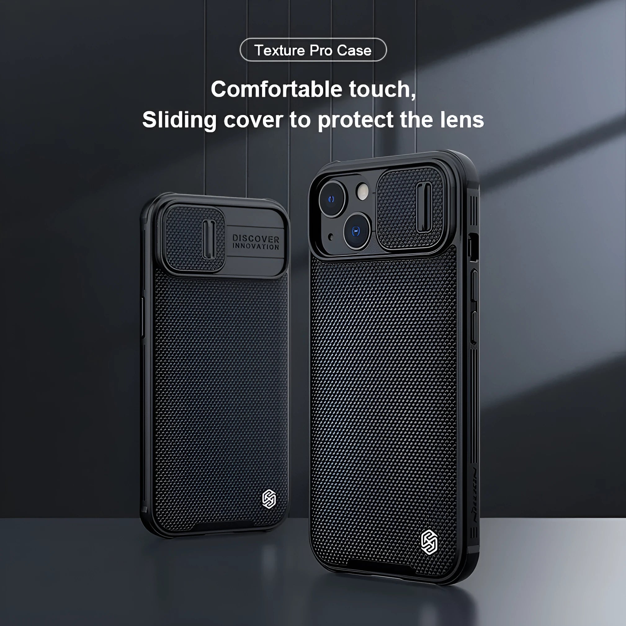 Black textured back cover protective phone case for Apple iPhone 13 Pro Max on a table.