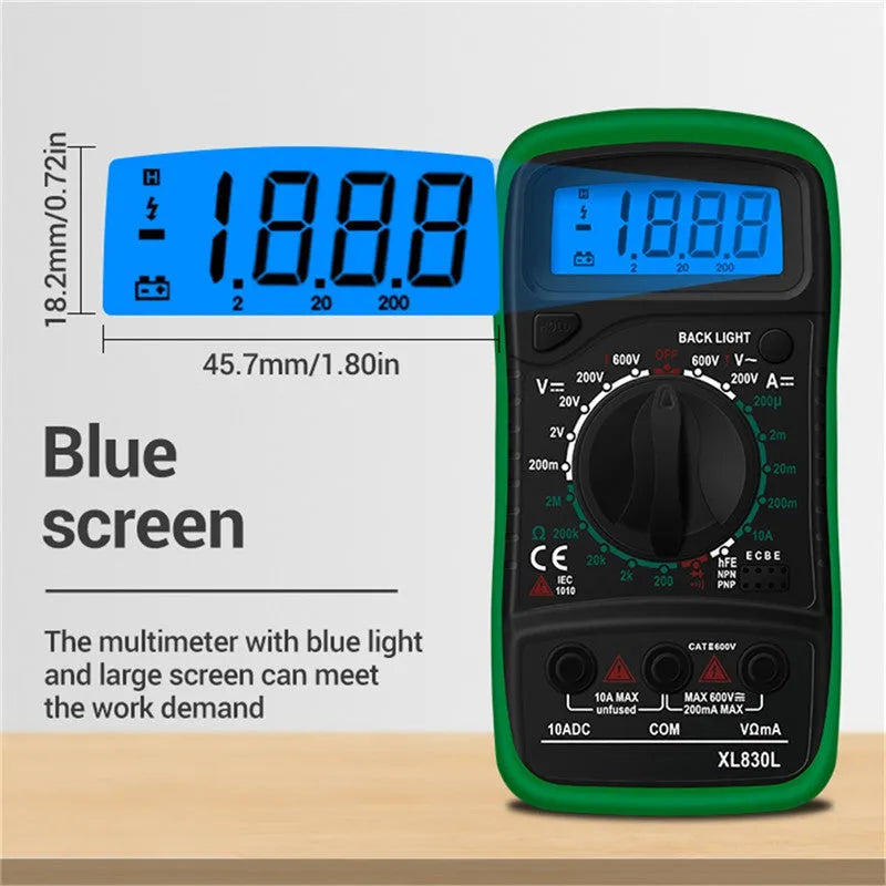 Digital multimeter handheld LCD display black yellow with test leads for voltage current resistance triode measurement