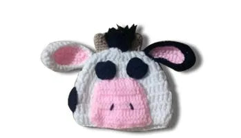 Hand-knitted white baby cow suit with matching hat for 0-3 month newborns