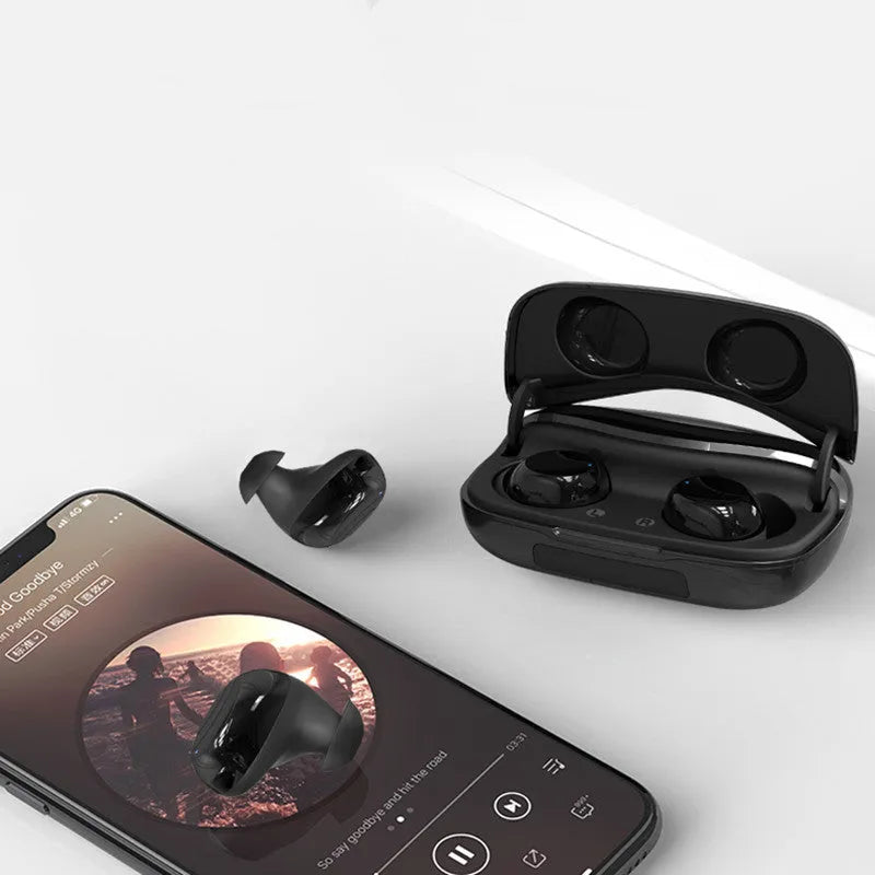 Bluetooth earphone in black with plastic body and in-ear fit for wireless music listening