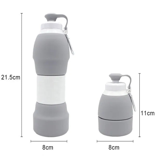 Blue silicone folding water bottle shown extended and collapsed, with 580ml capacity mark.