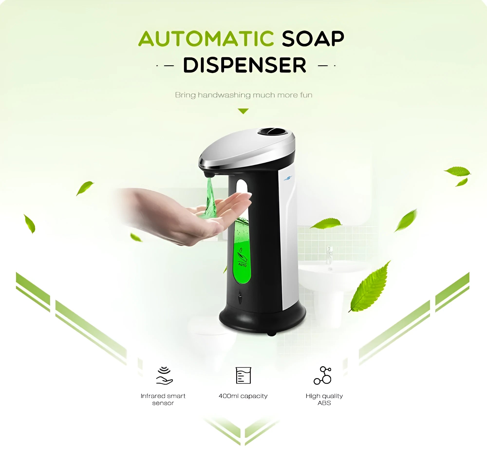 Black automatic liquid soap dispenser with infrared sensor and 400ml capacity