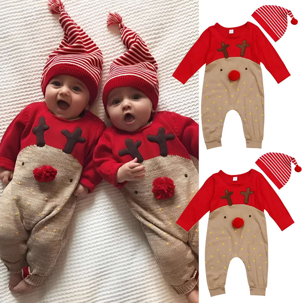 Christmas deer cotton romper for babies, long sleeve, red colour options, sizes 70cm to 100cm