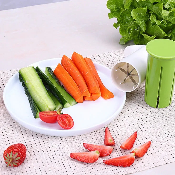 White ABS plastic vegetable and fruit slicer with six stainless steel blades.