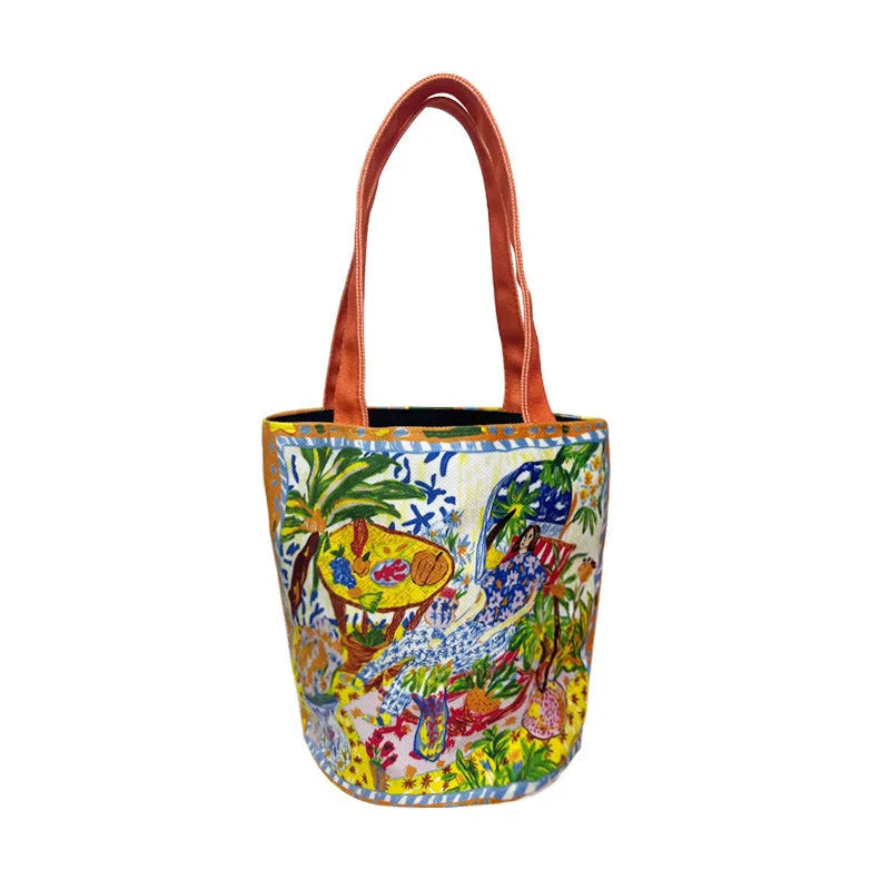 Dream garden orange plush bucket bag with printed letters and double shoulder straps