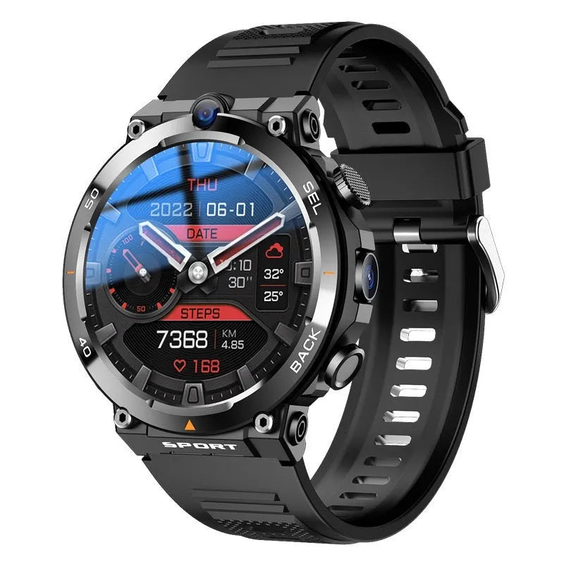 Sports smartwatch with dual cameras, touch screen display, heart rate monitoring and NFC functions