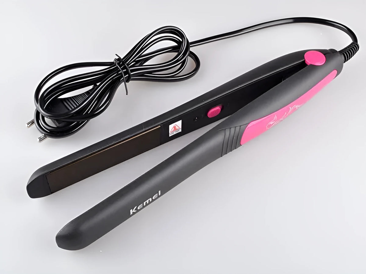 Red hairdressing salon hair straightening stick, compact styling tool for frizz control and smoothing.