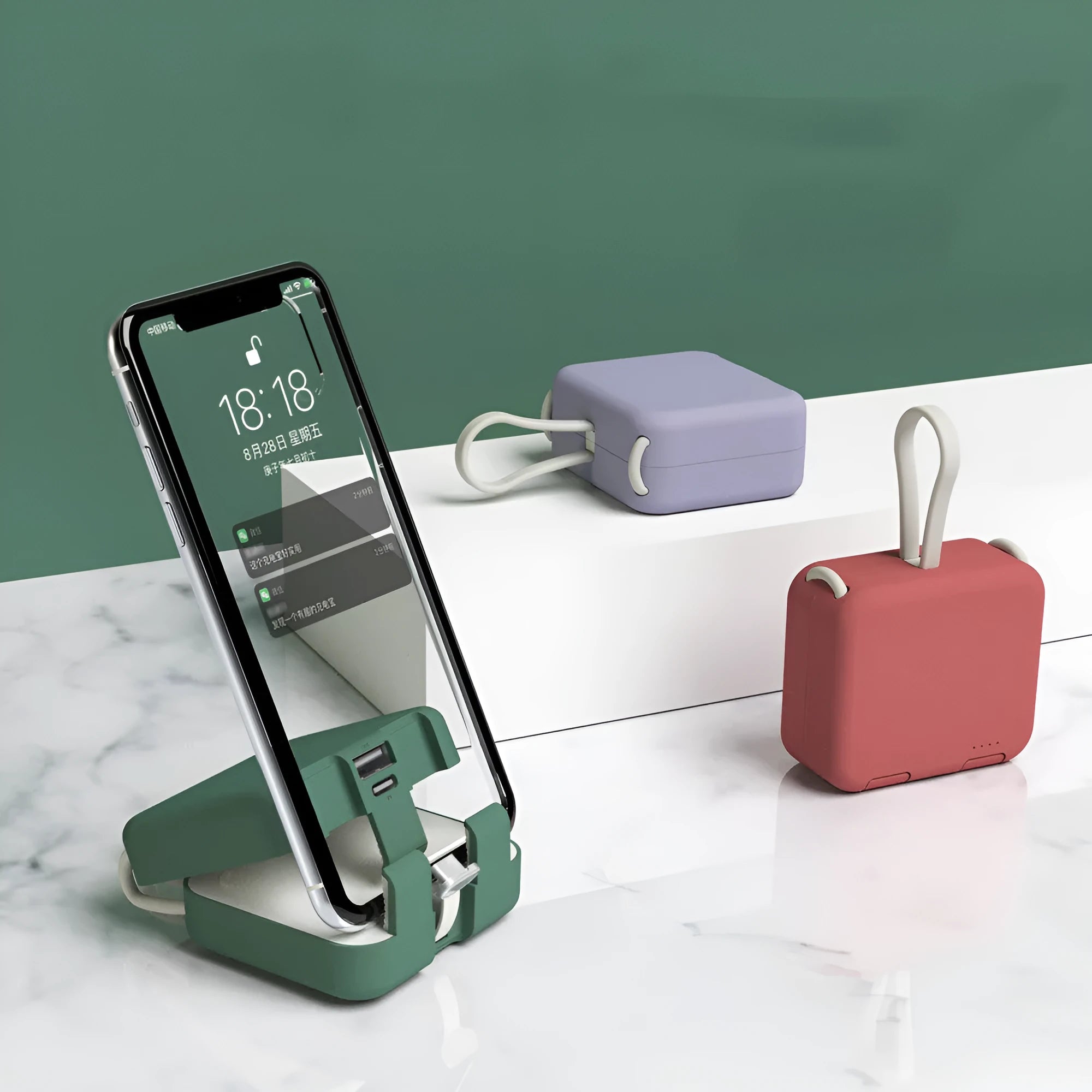 Handbag clip-on power bank with phone stand function in blue, green, red, or white.