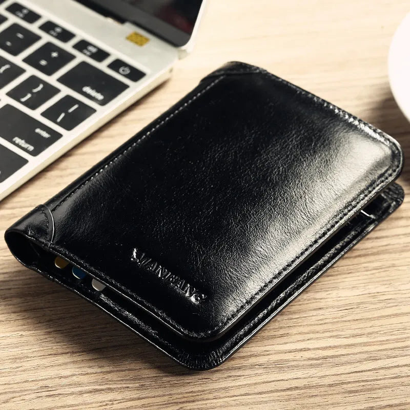 Men's brown leather bifold wallet open to show photo slot, card slots, billfold, and coin pocket.