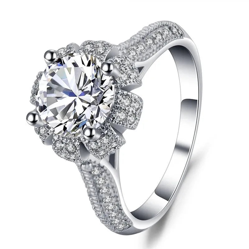 White copper ring with micro-inlaid zircon stones, geometrical Korean style, available sizes 6-10