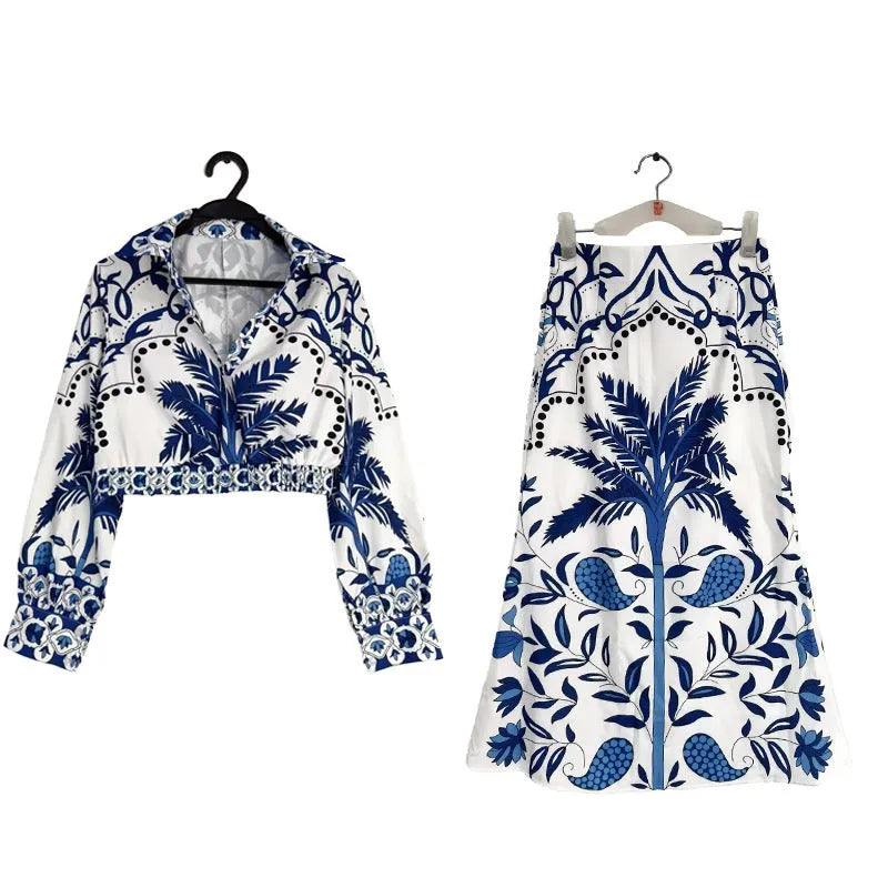 Women's casual outfit set with long sleeve top and long skirt in picture colour.