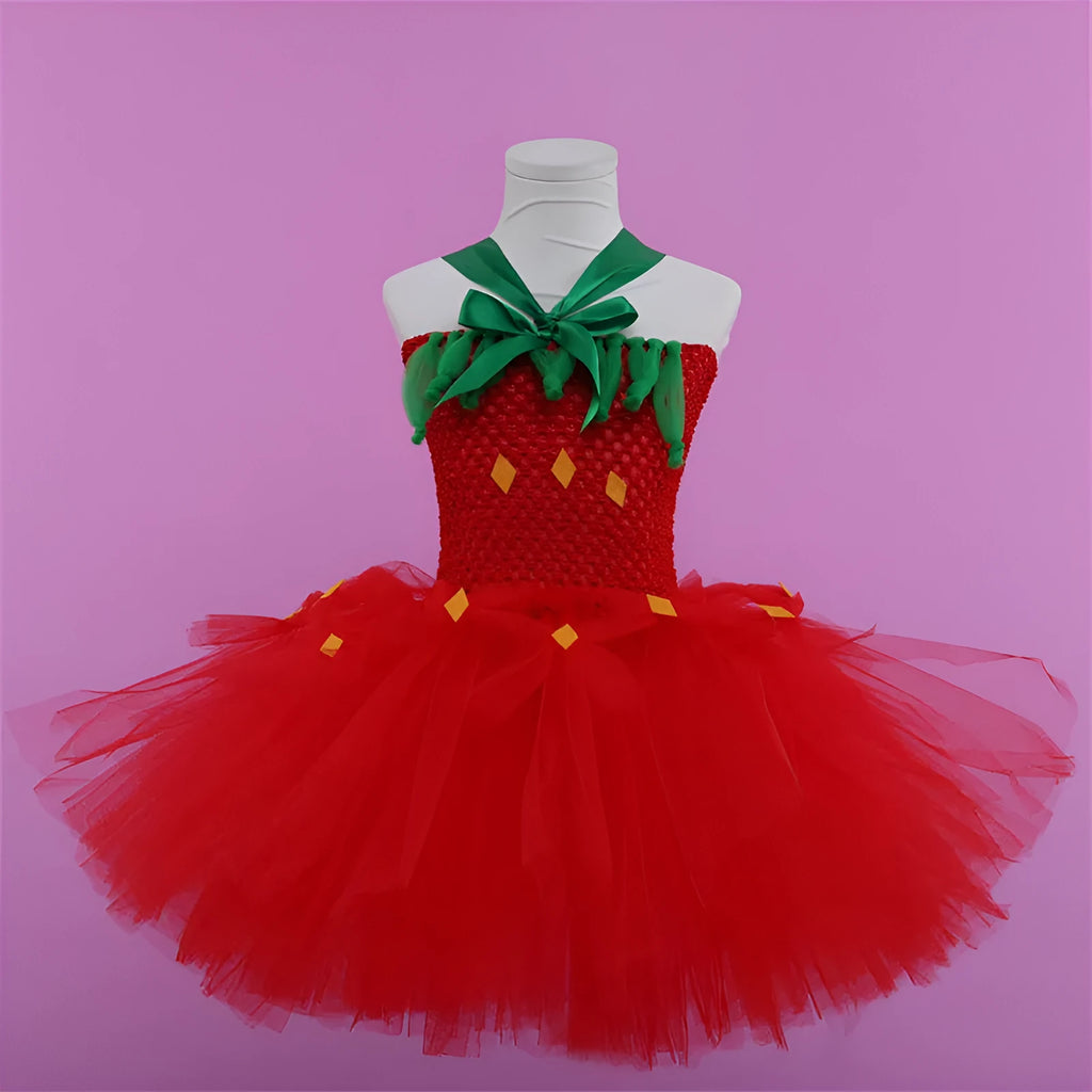 Red girls princess dress with lace and mesh in South Korean silk on a white background.