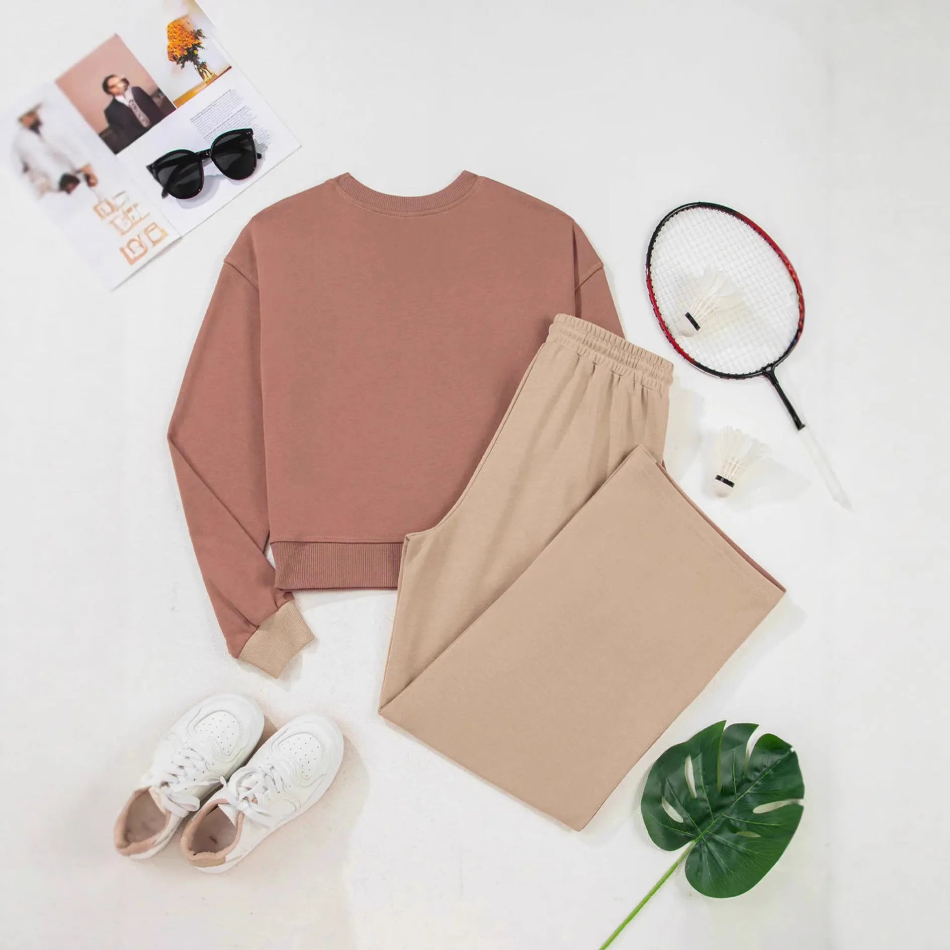 Women's camel colour cotton lounge set with matching top and trousers