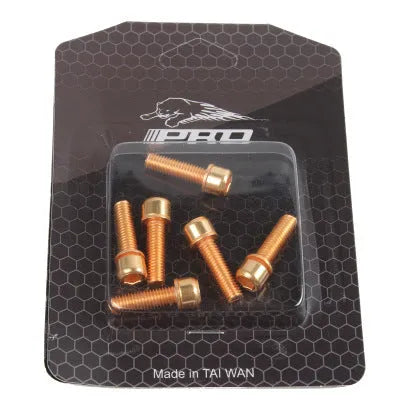 Set of six coloured stainless steel mountain bike riser fixing screws on a card.
