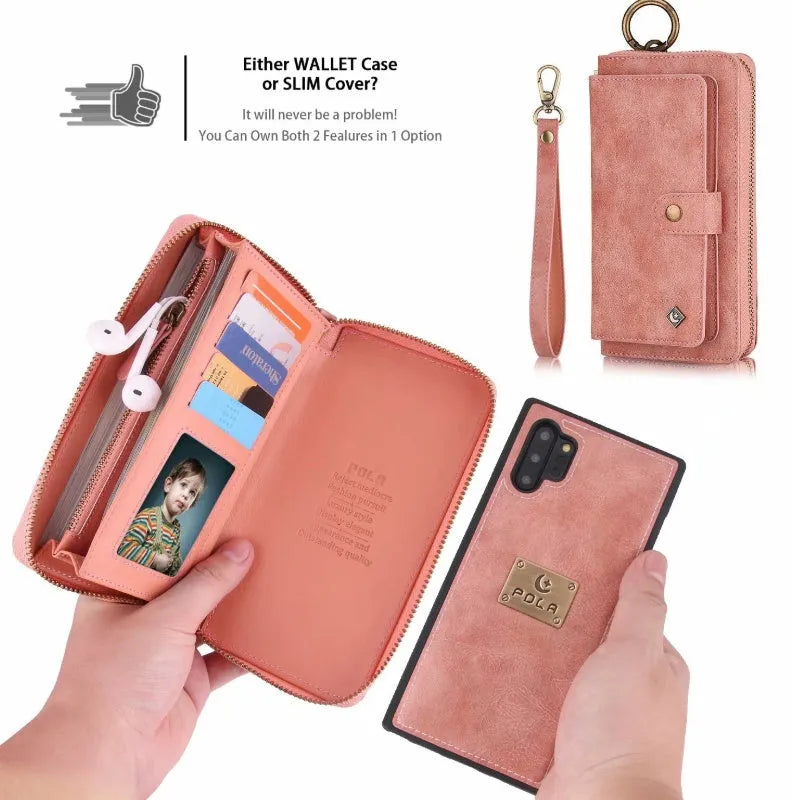 Black PU mobile phone wallet case with a zip closure, shown next to a credit card.