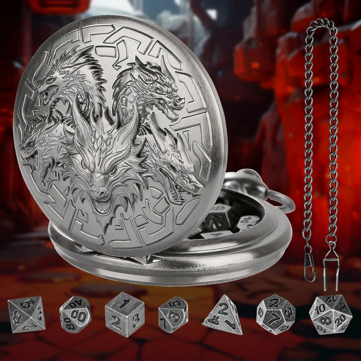 Retro pocket watch shaped zinc alloy dice set with seven polyhedral dice in bronze finish