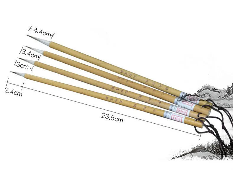 Four gold body writing brushes with wolf wool hook thread and mixed hair materials in pine branch set colour