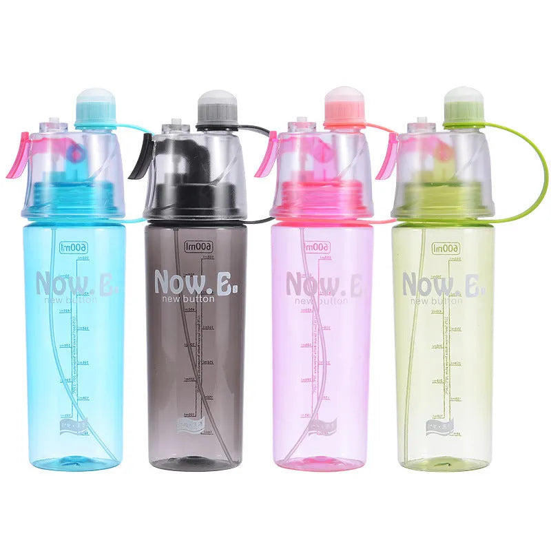 Portable sports mist spray water bottle with transparent body, handle, and mist spray function