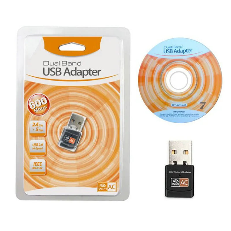 Mini dual band 600Mbps wireless network card USB adapter in black with AC600 support