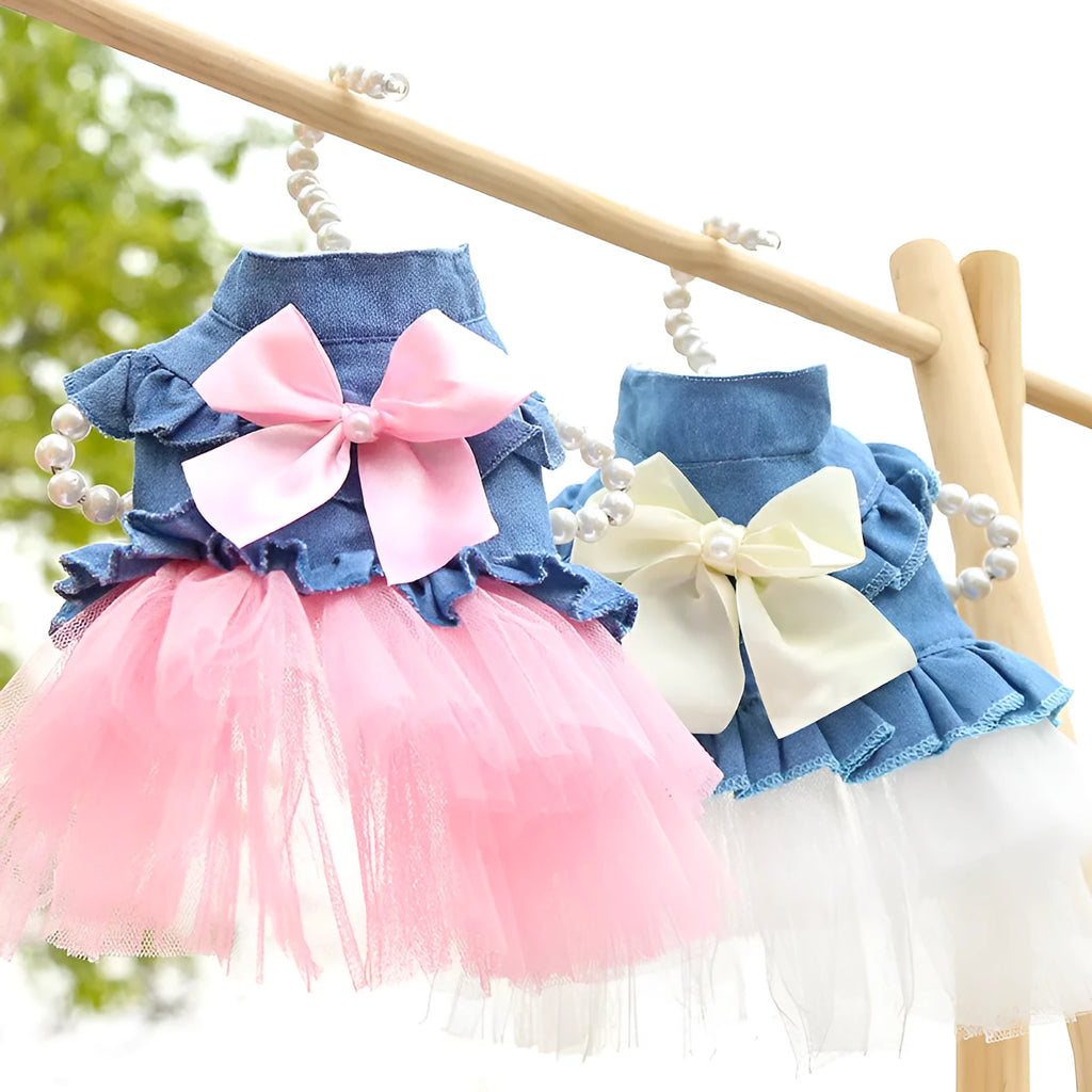 Korean style light blue denim skirt for a dog with a large white bow on the back