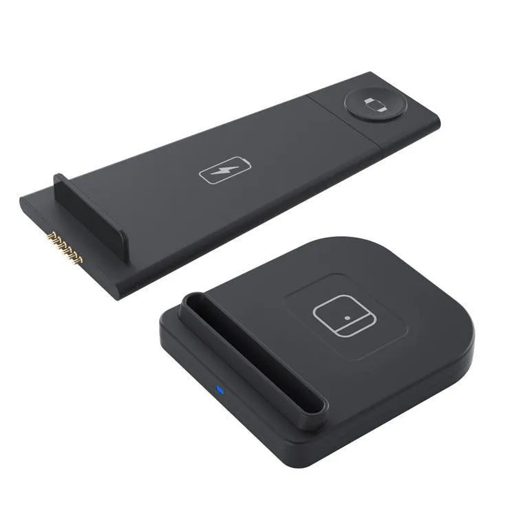 Black foldable 3-in-1 wireless charger showing phone, watch and headphone charging areas