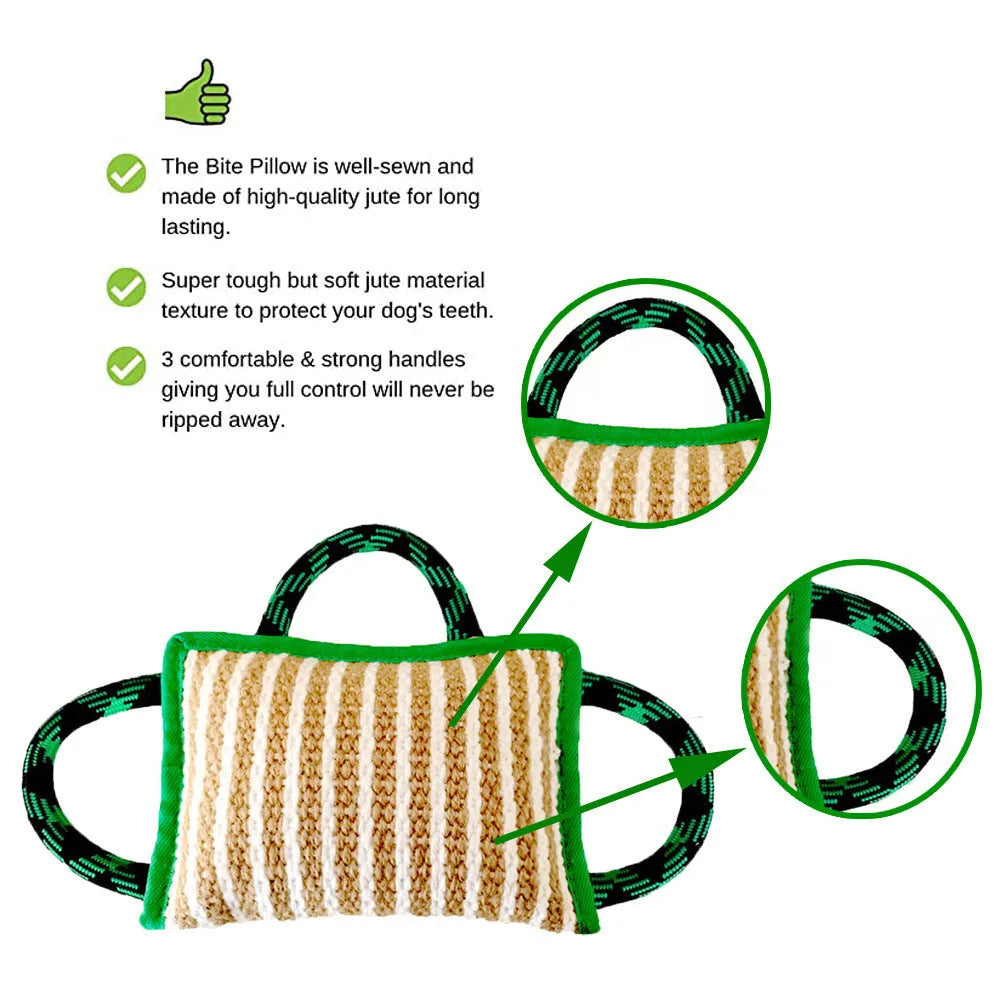 Jute dog tug toy bite pillow with three rope handles in assorted colours
