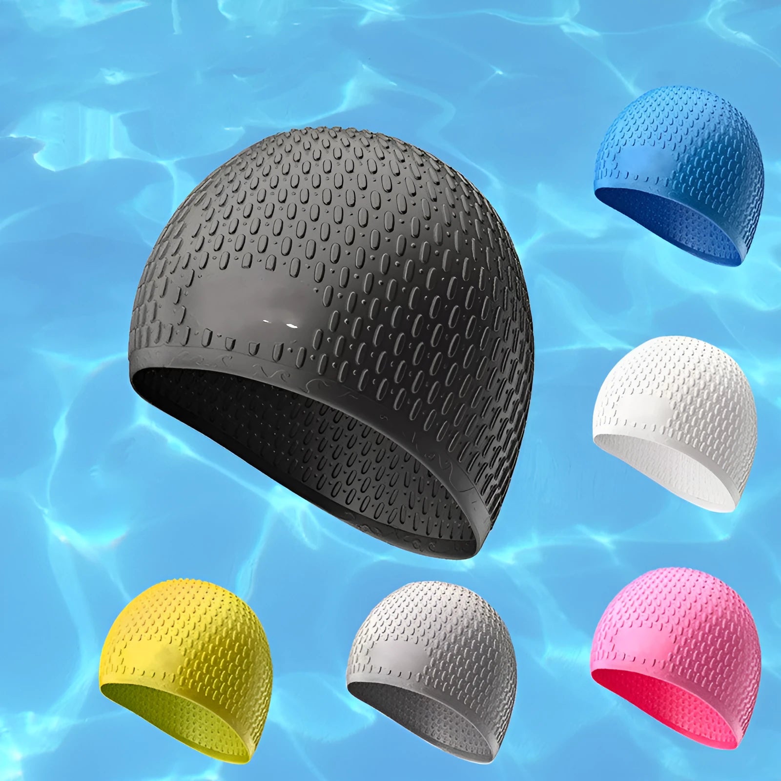 Adult silicone water drop swimming cap in solid colour on white background.