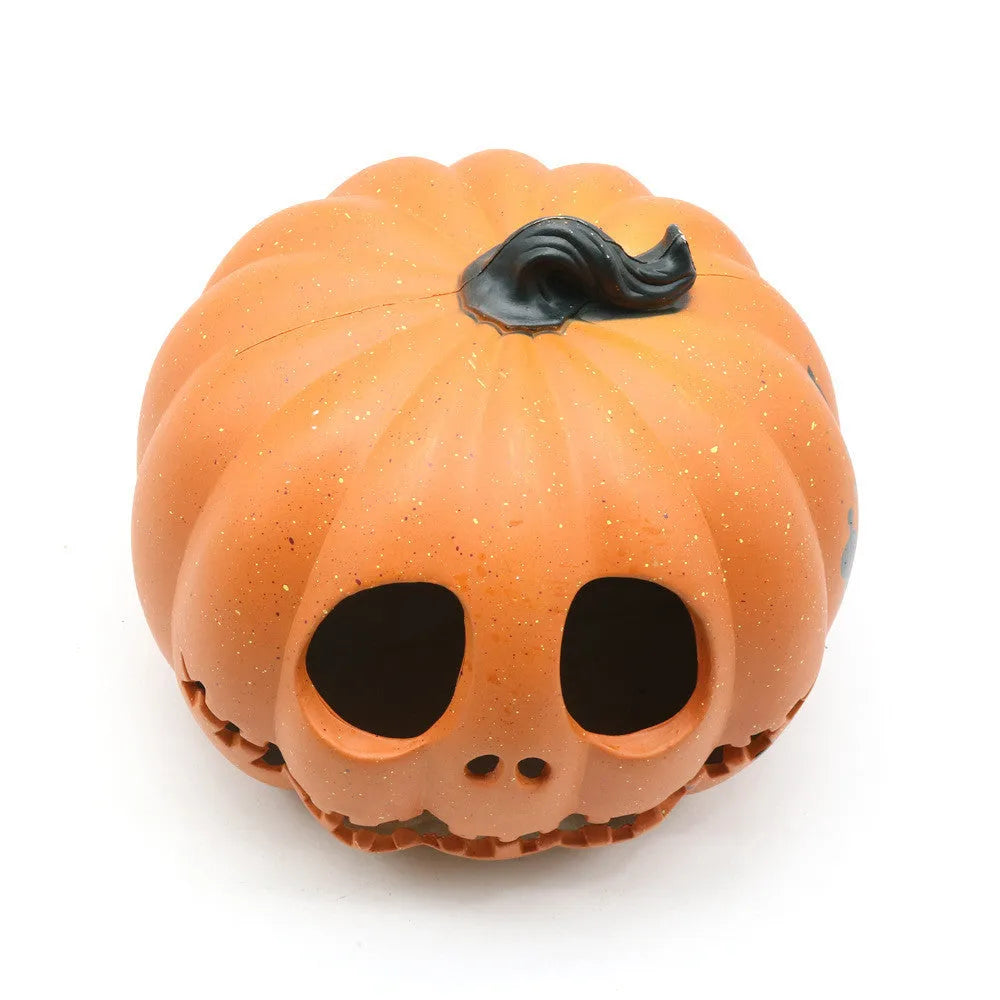Yellow resin Halloween pumpkin lantern with skull hooded hollow-out design, 23x19cm, for party or yard decoration
