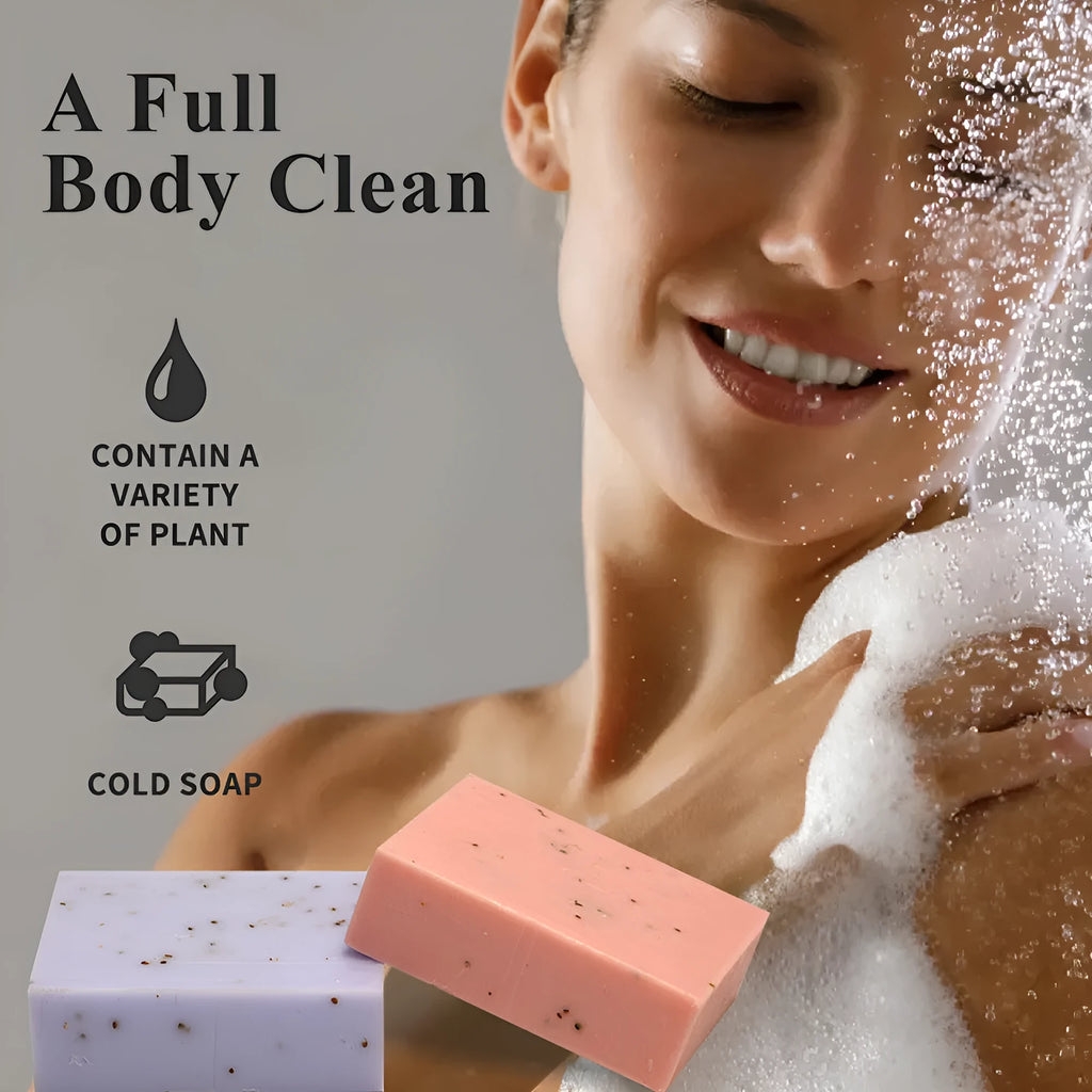 Handmade essential oil soap bar with frosted texture, 100g size, available in multiple scent options