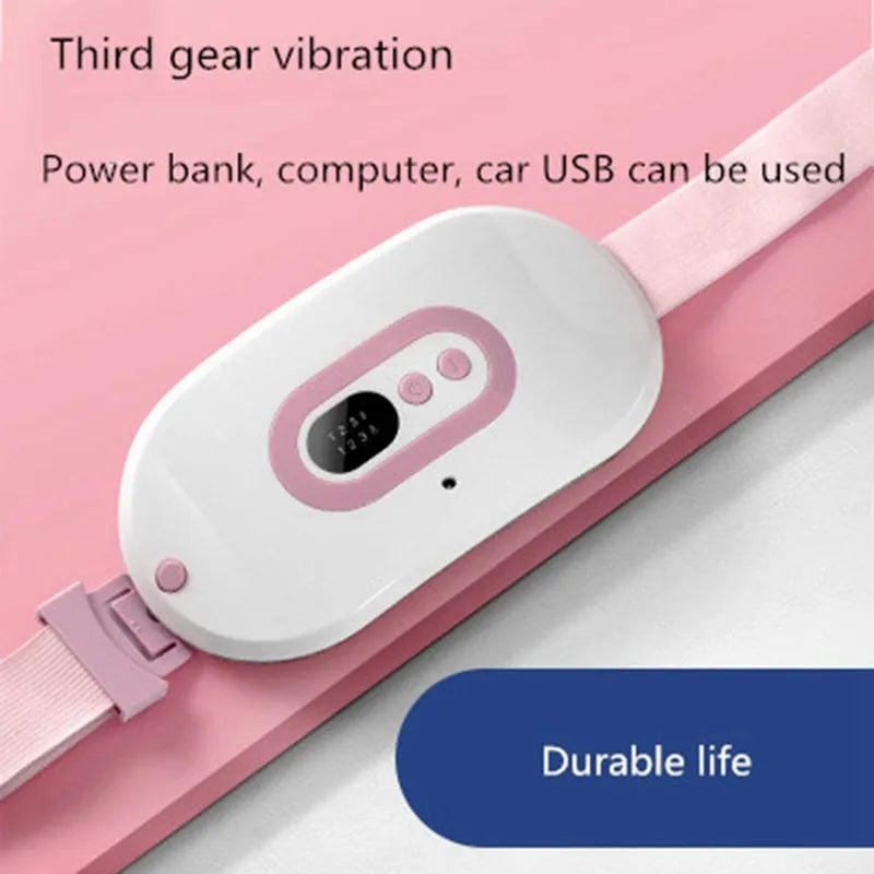 Pink rechargeable menstrual heat belt with adjustable temperature for stomach cramp relief