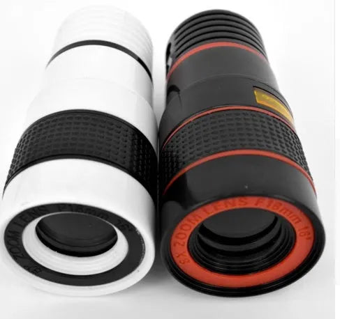 Black and white 12X phone telescope with mounting clip on a mobile phone for telephoto photography