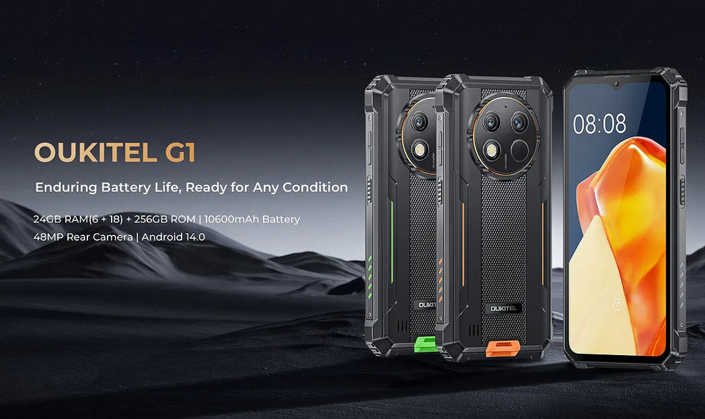 OUKITEL G1 mobile phone in grey, green, and orange colour options with included charger.