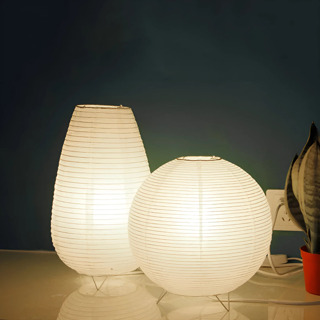 White handcrafted rice paper table lamp with plug, shown in circular and rectangle shape options.