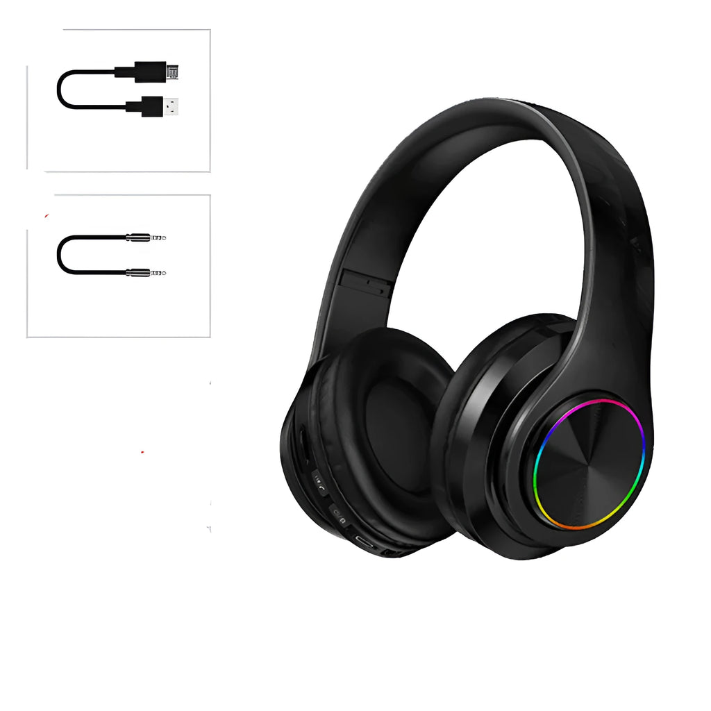 Folding black Bluetooth headset with 40mm speakers shown in open and closed positions.