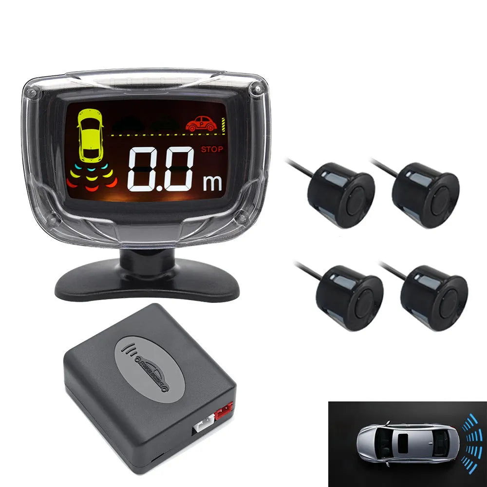 Wireless vehicle reversing sensor kit with main unit, LED display, and four ultrasonic probes.
