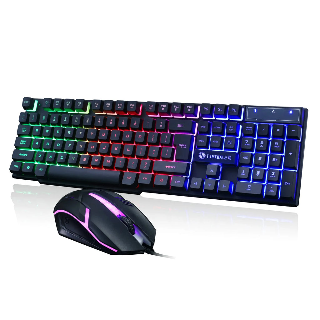 Limei Gtx300 backlit gaming keyboard and mouse set in multiple colour options on a desktop