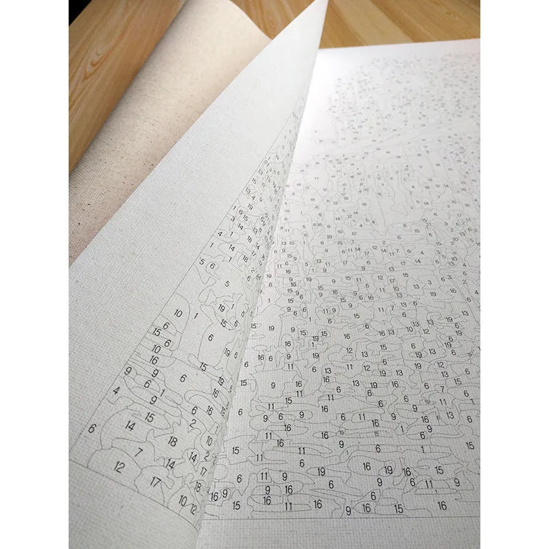 DIY paint by numbers kit showing 40x50cm linen canvas with landscape design and pots of acrylic paint