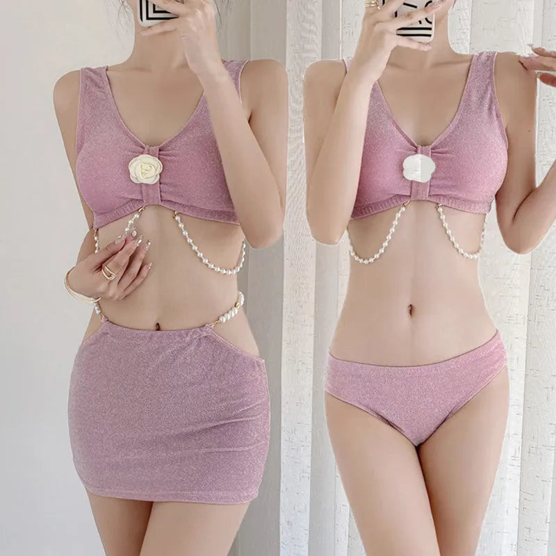 Black and pink women's three-piece polyester bikini set for swimming, shown in Asian sizes S to XL.