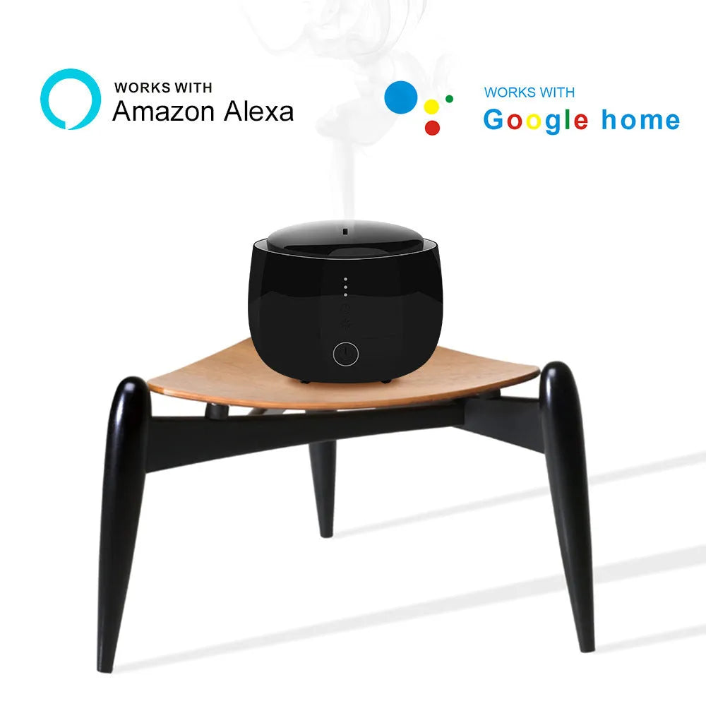Black smart home aromatherapy humidifier with LED lights and touch controls, 300ml capacity
