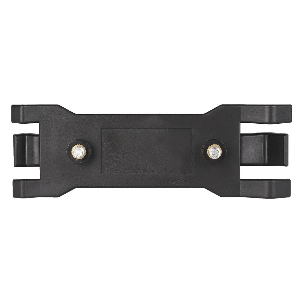 Black ABS plastic umbrella clip for mounting on a camera tripod quick release plate.