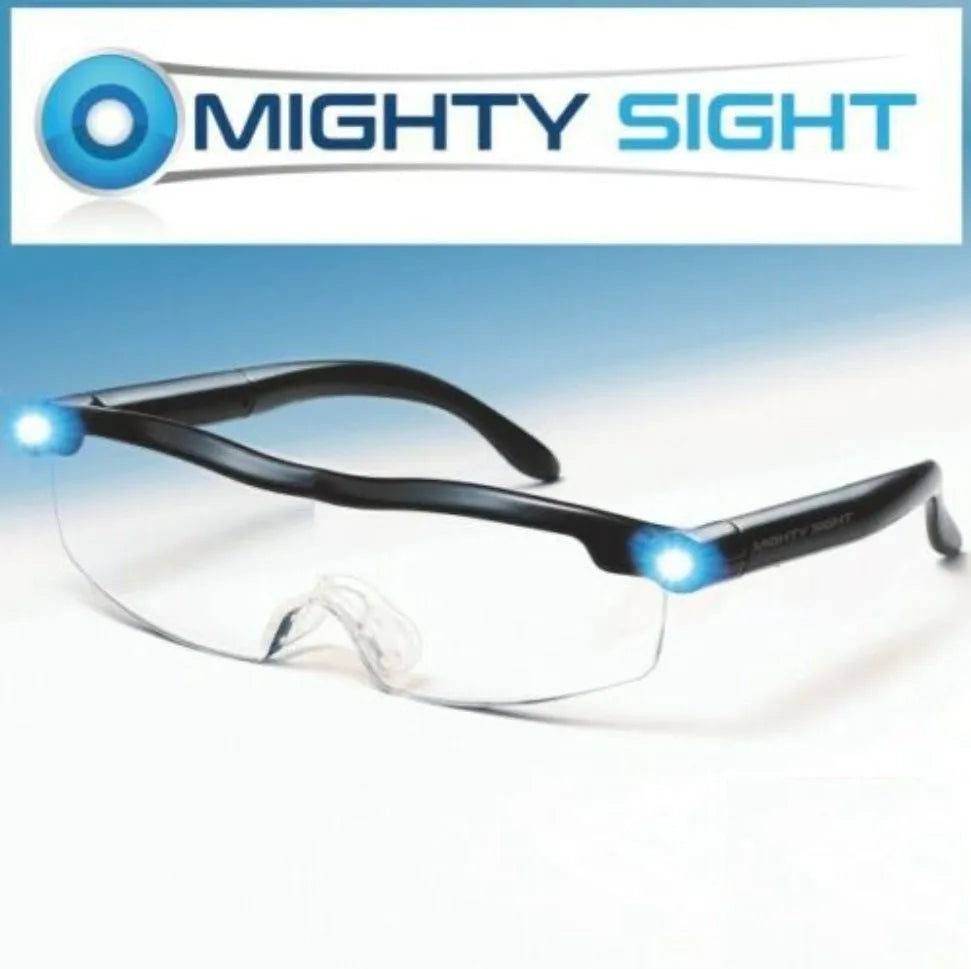 Transparent black USB LED reading glasses with scheduled light control on desktop