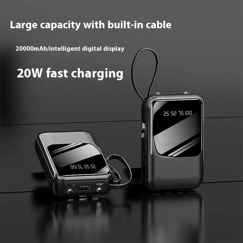 Small super fast charge power bank with cable in black plastic shell, compact size 100x66x27mm