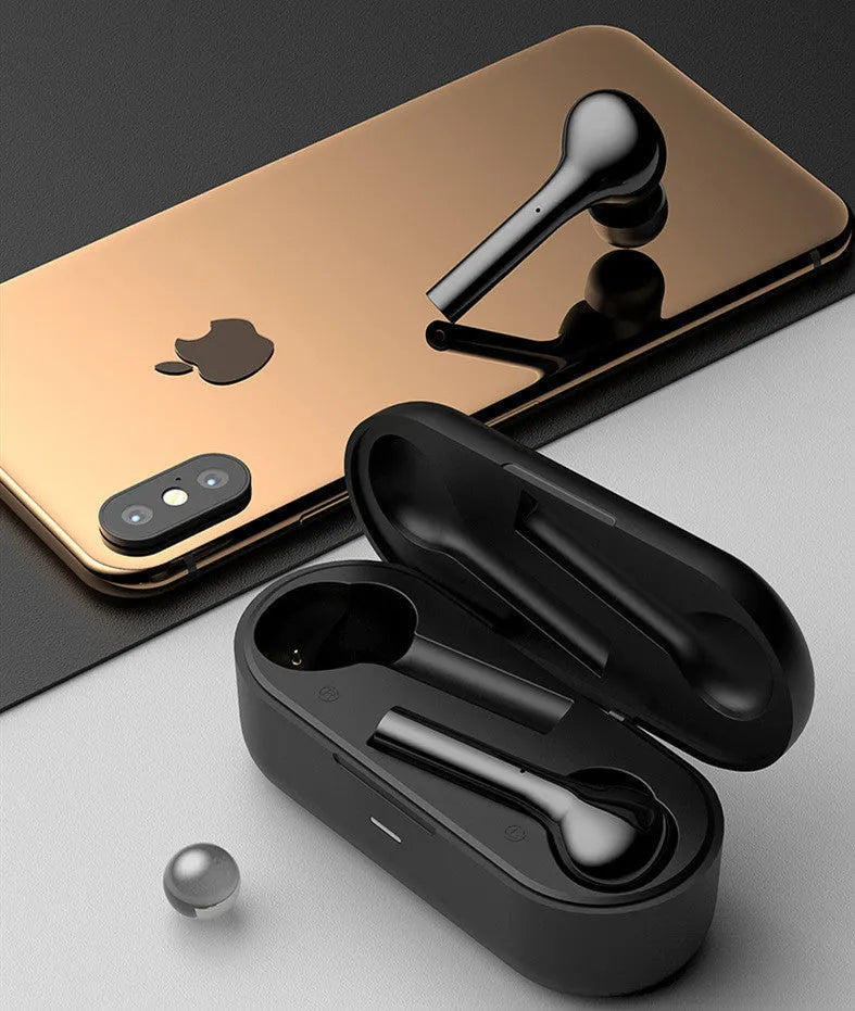 Black and white wireless Bluetooth earbuds with touch controls and charging case