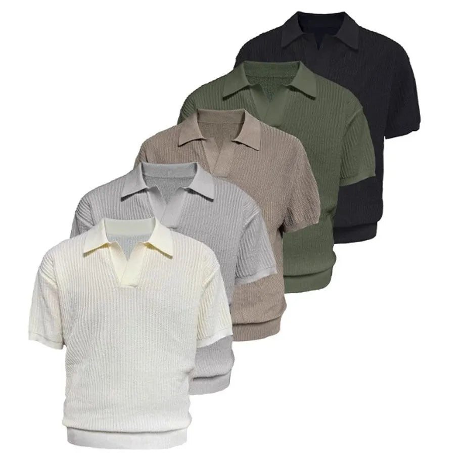 Men's creamy white polo shirt with short sleeves and a loose fit on a hanger.
