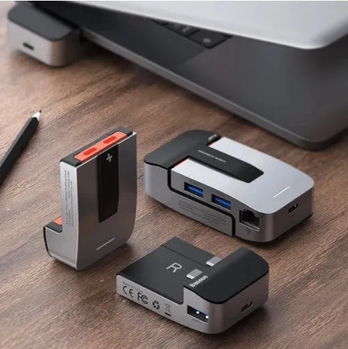 Mecha Era space grey aluminium alloy multifunctional HUB with USB3.0, HDMI, RJ45, Type-C and 3.5mm audio ports